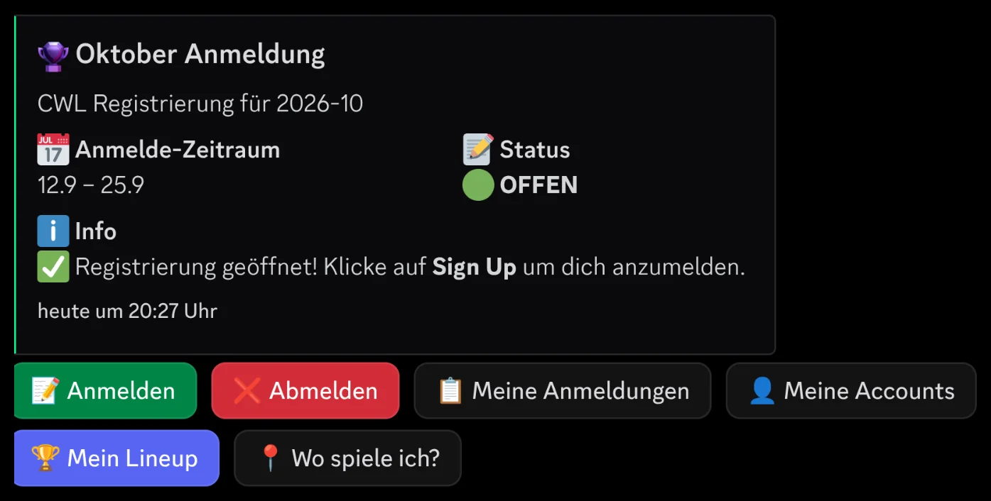 ClashCrew Discord-Bot: CWL-Anmeldung-Panel mit Anmelden, Abmelden, Meine Anmeldungen, Meine Accounts, Mein Lineup und Wo spiele ich?
